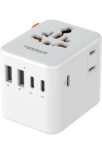 TAKYAKIŞTIR Evrensel Seyahat Adaptörü, 5 USB Portlu (1 USB C) Uluslararası Fiş Adaptörü, ABD'den Avrupa Birliği,