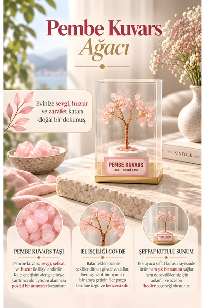 DekorKutum Aşk Ve Pozitif Enerji Konseptli Pembe Kuvars Taşı Ağacı Objesi Ev ...