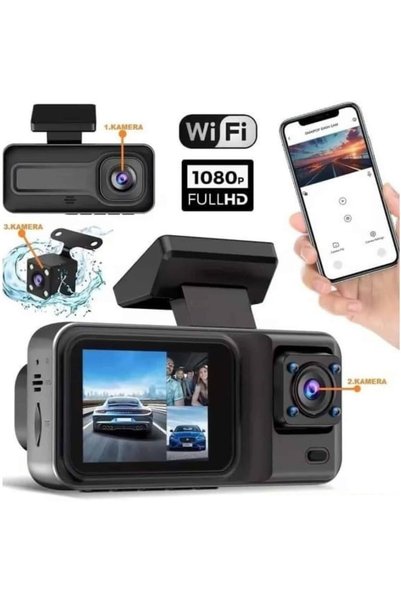 TAKYAKIŞTIR H98 Full Hd 1080P Wi-fi Full Hd 3 Kameralı Araç Içi Kamera Araba Güvenlik Kamerası Gece Görüşü Ön Ge