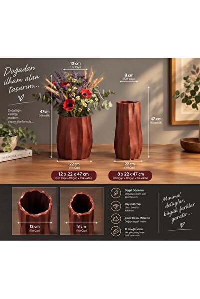 Ahşap Görünümlü Organik Formlu Dekoratif Kütük Döküm Vazo 2 Lİ 12x12x47 12X12X37