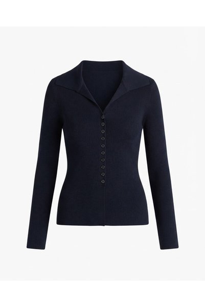 Bade Butik Mornarsko plava rebrasta bluza sa polo ovratnikom