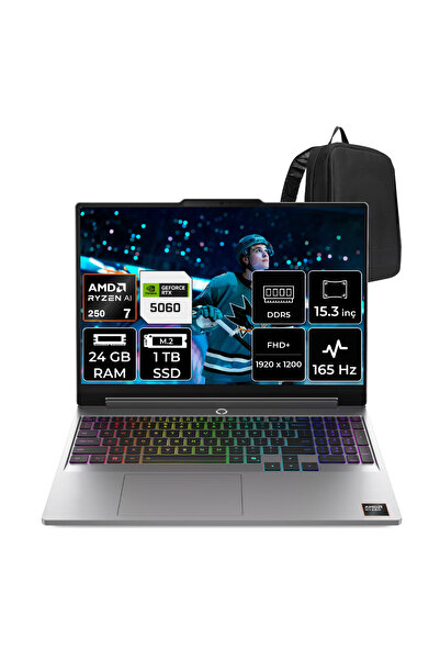 LOQ 15AHP11 AMD Ryzen 7 250 RTX 5060 8GB 115W 24GB RAM 1TB SSD 15.3" WUXGA (1920x1200) 165Hz FreeDOS 83TN0095TRP315 Gaming Laptop + PER4 Çanta