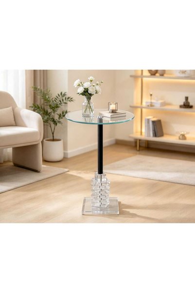 Generic Side Service Table Round Glass Top and Clear Acrylic Base