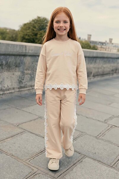 Fulla Moda Lace Detailed Crew Neck Girls' 2-Piece Set