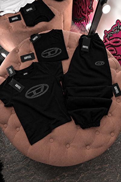 Gofeel Luxe Rhinestone Set Black Crop Tracksuit Set