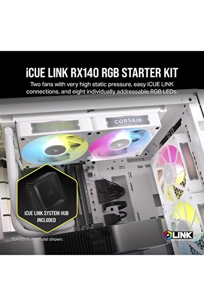 ART3 iCUE LINK RX140 RGB 140mm Kasa Fanı İkili Paket, iCUE Link Hub Dahil - Beyaz (CO-9051024-WW)