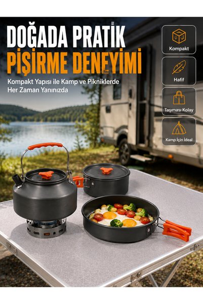 Sadiva Group Alüminyum Kamp Pişirme Seti Katlanabilir Kulplu Çaydanlık Tencere Tava Outdoor Yemek Seti - Lisinya
