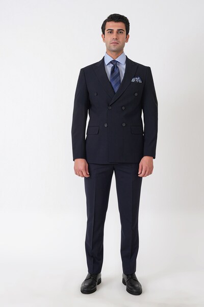 Efor Slim Fit Esnek %97 Yünlü Düz Lacivert Kruvaze Takım Elbise TK 956
