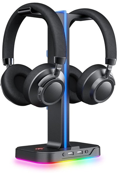 TAKYAKIŞTIR çift kulaklık askısı, 2 USB bağlantı noktası, RGB kulaklık tutucu, oyuncular için, PC için, siyah (T