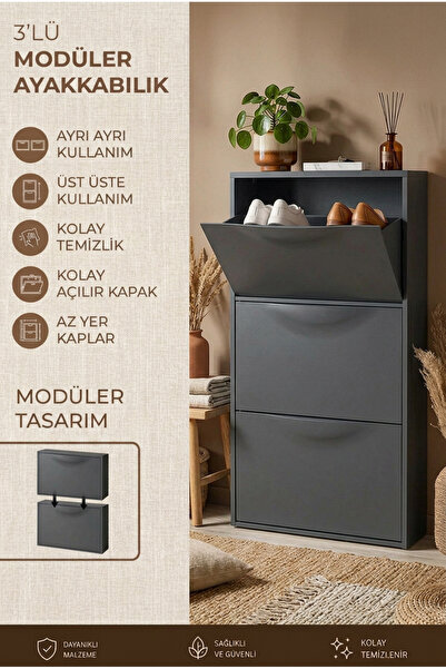 Nandy Home 3’lü Modüler Ayakkabılık 51x114x16 cm Dar Alan Uyumlu Kapaklı Ayak...