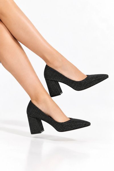 HT HOTİN Nuit Women's Glittery Thick Heeled Shoes - Black