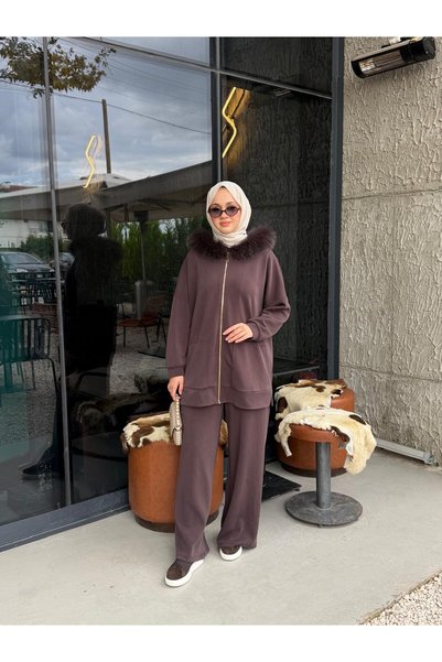 Nuss 1078 Kürk Detay Takım Kahverengi