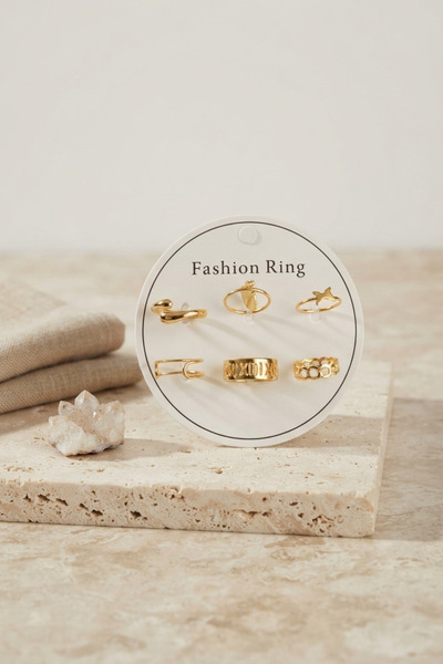 Lisinya Gold Color Brass Bohemian Detailed 6-Piece Ring Set Byk4309 -