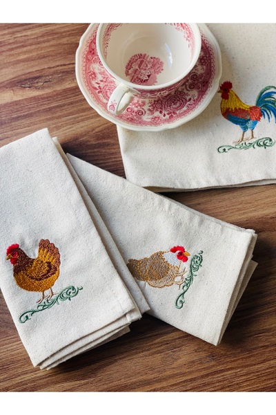 HOME OF BLOSSOM 4-Piece Farmhouse Rooster Embroidered Raw Linen Napkin 40X40Cm