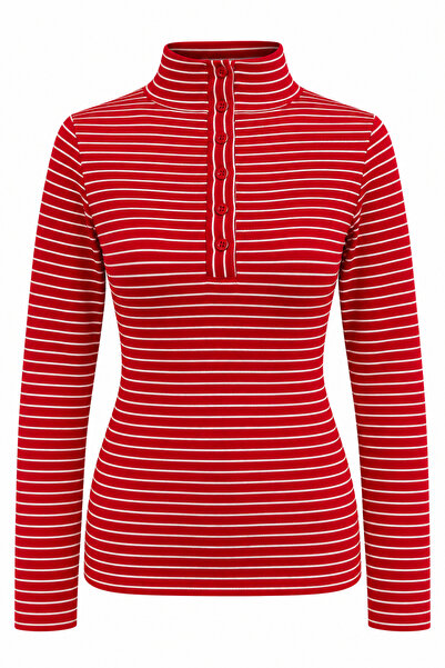 Mixray 2256 Women's Striped Stand Collar Half Placket Buttoned Blouse Red