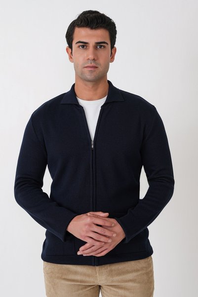 Efor Comfort Fit Zippered Pocket Wool Navy Blue Cardigan Tr 896