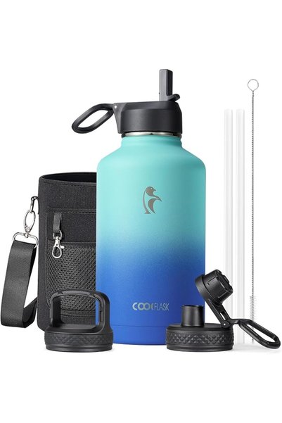 Coolflask زجاجة ماء معزولة بثلاثة أغطية، سعة 1.2 لتر، باللون الأبيض