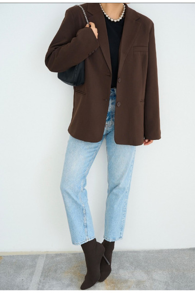 Kadın Kahverengi Oversize Maskülen Kesim Dokuma Blazer Ceket