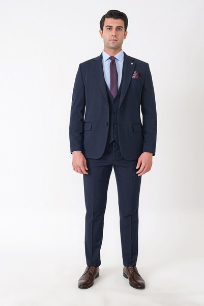 Efor Slim Fit Double Slit Flexible Wool Navy Blue Vest Suit Tk 958