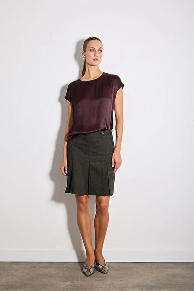 Gusto Pilikaşe Herringbone Wool Mini Skirt - Khaki
