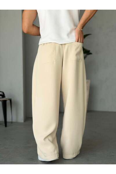 FO4RBS Pantaloni largi din material textil cu pliuri și curea, crem