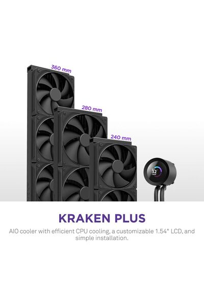 TAKYAKIŞTIR Kraken Plus 280 - AIO CPU Sıvı Soğutucu - 280mm Radyatör - 2 x F140P Fanlar - Özelleştirilebilir 1,5