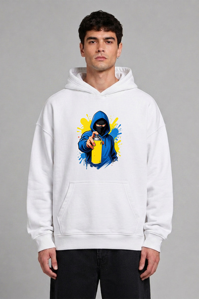 VSRN Grafitici Blue Design Pre-Printed Oversize White Hooded Sweatshirt