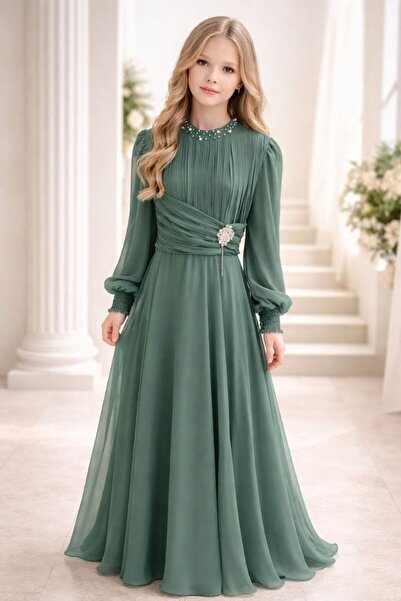 ÇLM STORE Chiffon Pleated Fabric Girls' Tunic Dress with Pearl Belt