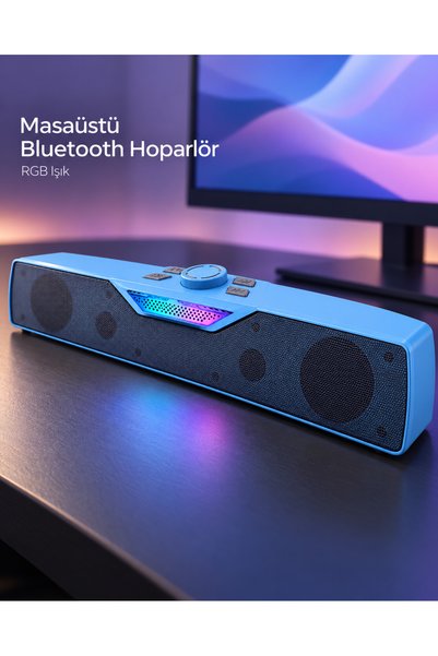 Eco Lounge RGB Işıklı Bluetooth 5.4 Masaüstü Soundbar Hoparlör USB ve TF Kart Destekli Mavi