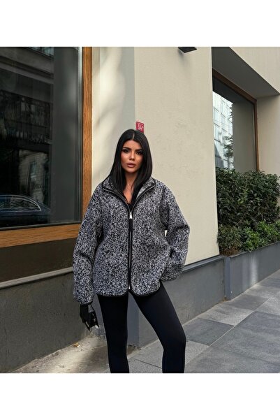 LE CARAMBOLE سويت شيرت نسائي من القطيفة بمقاس كبير وسحّاب أمامي بلون أنثراسايت