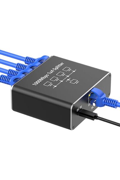 DY Gigabit Ethernet Splitter LAN Switch 4 Port, Tip C Güç Kablosu, 1000Mbps RJ45 Ağ Dağıtıcı, Bilgisaya