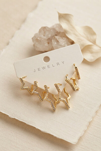 Lisinya Gold Color Zircon Stone Brass Star Model Women's Earring Set -
