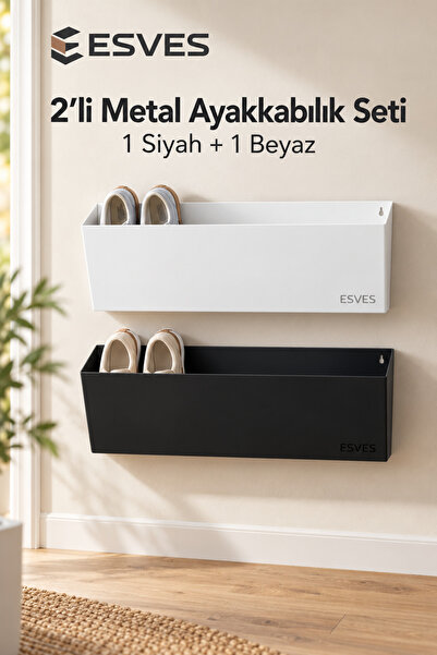 esves 2’li Duvara Monte Metal Ayakkabılık ve Terliklik Seti 1 Siyah + 1 Beyaz