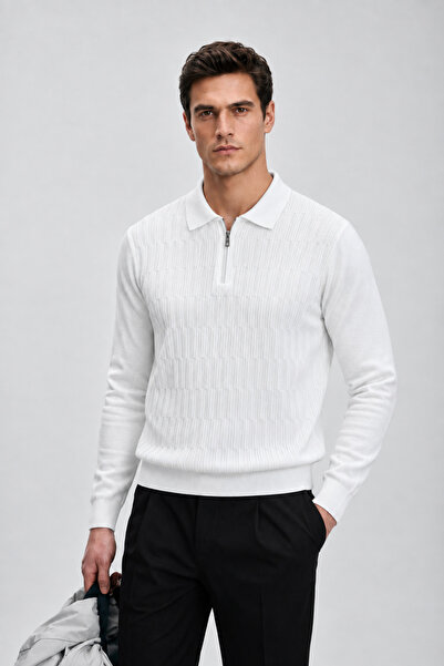 Maccali Men's Textured Comfortable Fit Thick White Knit Sweater