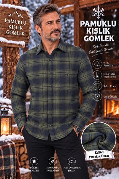 EREN STYLE Flannel Winter Cotton Covered Button Collar Shirt with Pockets (Re...