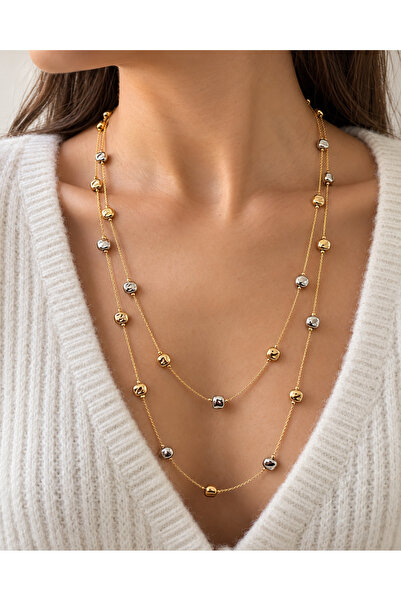 POYASE Double Row Gold Silver Detailed Necklace Two Color Long Chain Women's ...