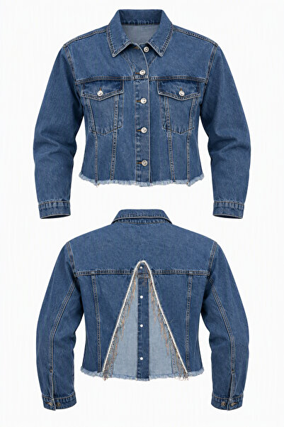 Generic Brand Geacă Denim Damă Cropped cu Inserții Glitter și Franjuri, Albas...