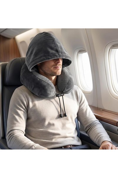 CozyNook Memory Foam Travel Neck Pillow with Hood, Eye Mask & Earplugs