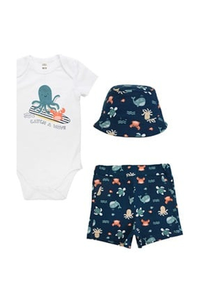 OEM Set 3 Piese din Bumbac cu Body Pantaloni Scurti & Palarie Bleu cu Model C...