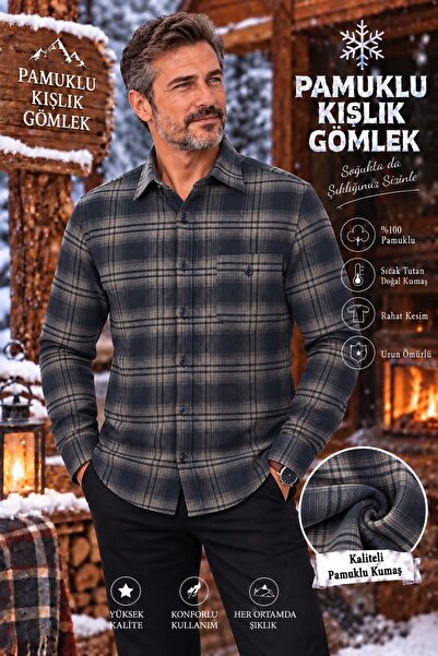 EREN STYLE Flannel Winter Cotton Covered Button Collar Shirt with Pockets (Re...