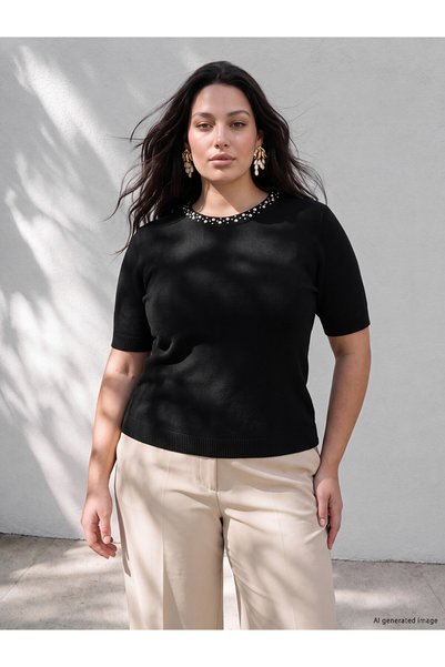 LC Waikiki Alita City Farkıyla Lcw Curve Black Knitwear Stone Oval Neck Women...