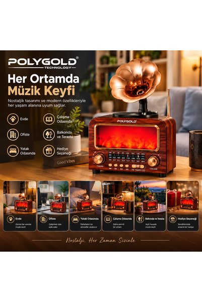 POLYGOLD PG-01BT Nostaljik Bluetooth Radyo TF Kart USB Girişli 1800mAh