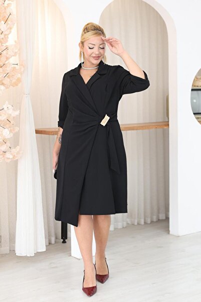 Siyezen Plus Size Double Breasted Collar Evening Dress with Gold Accessories
