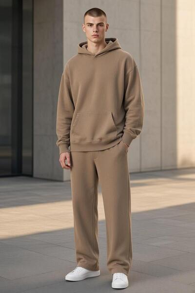 TooHot Unisex Light Brown Relax Fit Cotton 3 Thread Hooded Tracksuit Set