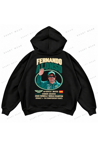 SVART WEAR Фернандо Алонсо F1 Щампован овърсайз суитшърт с качулка със свобод...