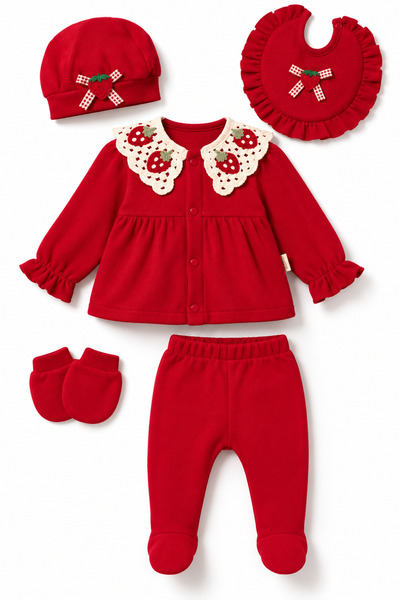 LİLİYUM Baby Girl 0-3 Months 100% Cotton Strawberry Patterned Collared Long S...