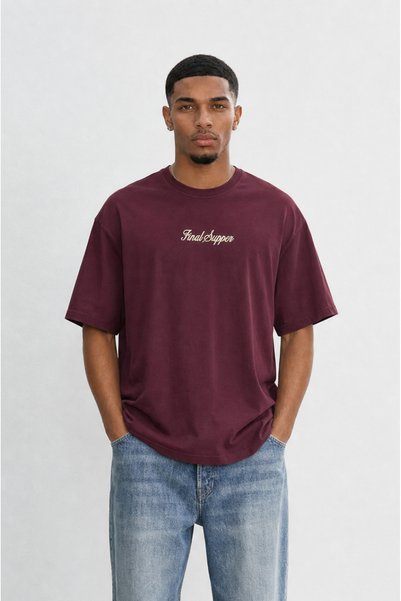 Respire Tricou Oversize Bărbați, Tricou Supradimensionat Streetwear cu Broderie Caligrafică și Imprimeu Spate The Last Supper