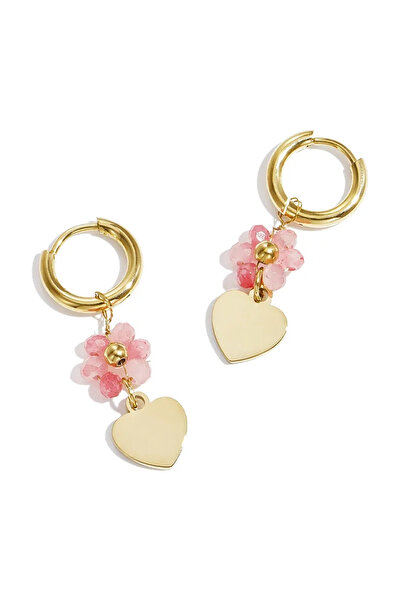 OEM Bloom Heart Pink Earrings, Stainless Steel, with Floral and Crystal