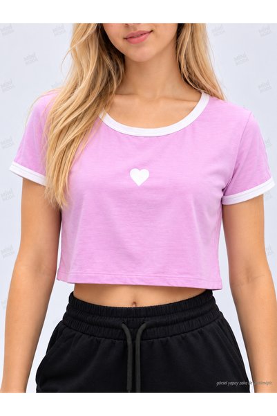 Minimoda Kids Girl's Heart Printed Crop T-Shirt with Contrast Collar and Sleeve Detail