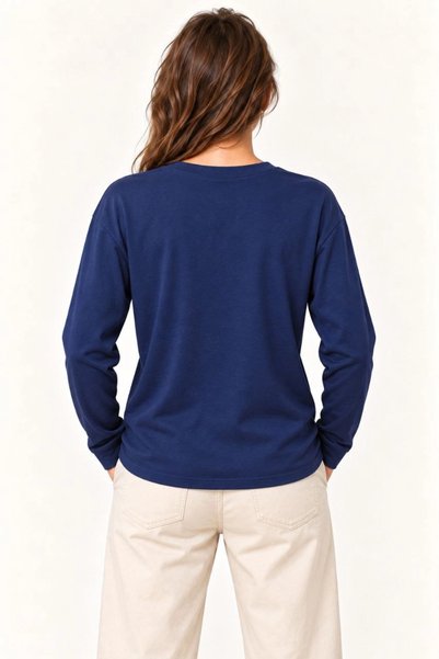 Keops Women's Modal Soft Textured Crew Neck Long Sleeve T-Shirt Sweatshirt - Navy Blue
